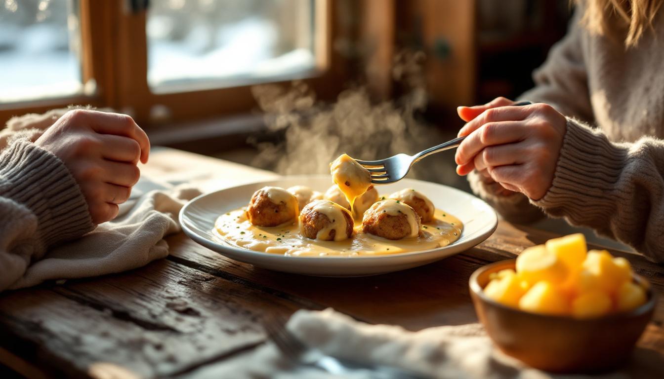 geniet van gehaktballen met romige kaassaus, het perfecte comfortfood voor koude dagen. heerlijk warm en smaakvol voor elke maaltijd.