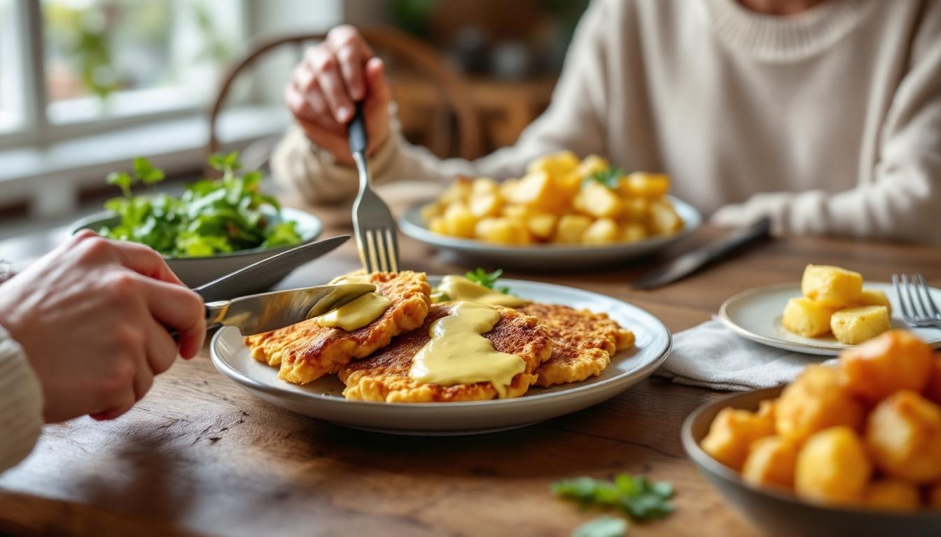 heerlijk genieten van huisgemaakte schnitzels met romige mosterdsaus – een ouderwetse smaakbeleving die verwent.